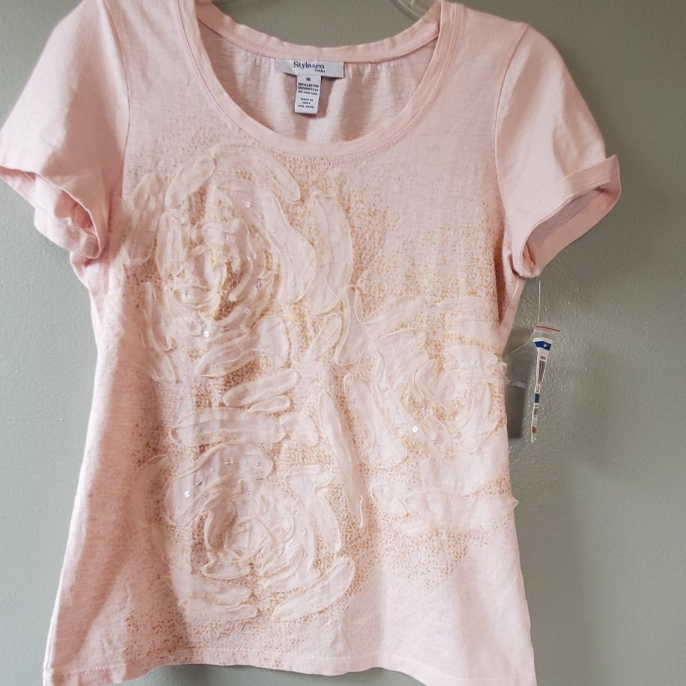 Style &co. Pink Embroidered Floral Tee - Women